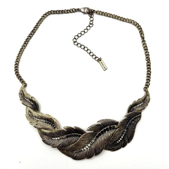 Jewel Mint Signed Antiqued Gold Tone Feather Necklace With Ombre Rhinestones 16” - Picture 1 of 12